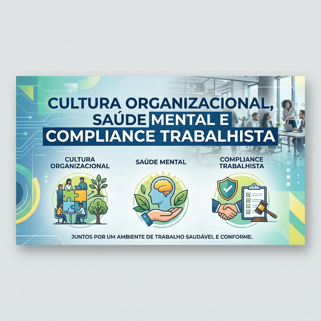 Poster about organizational culture, mental health, and labor compliance with icons and text in Portuguese.
